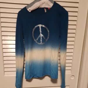 Blue Ombre Long Sleeve Top with Rhinestone Peace Sign